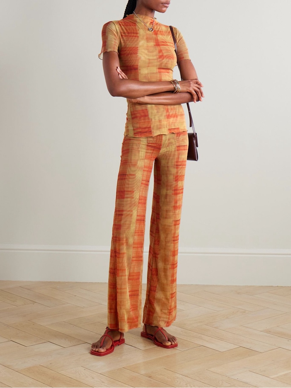 BNWT SIR. Ferrera checked stretch-tulle straight-leg pants orange women’s